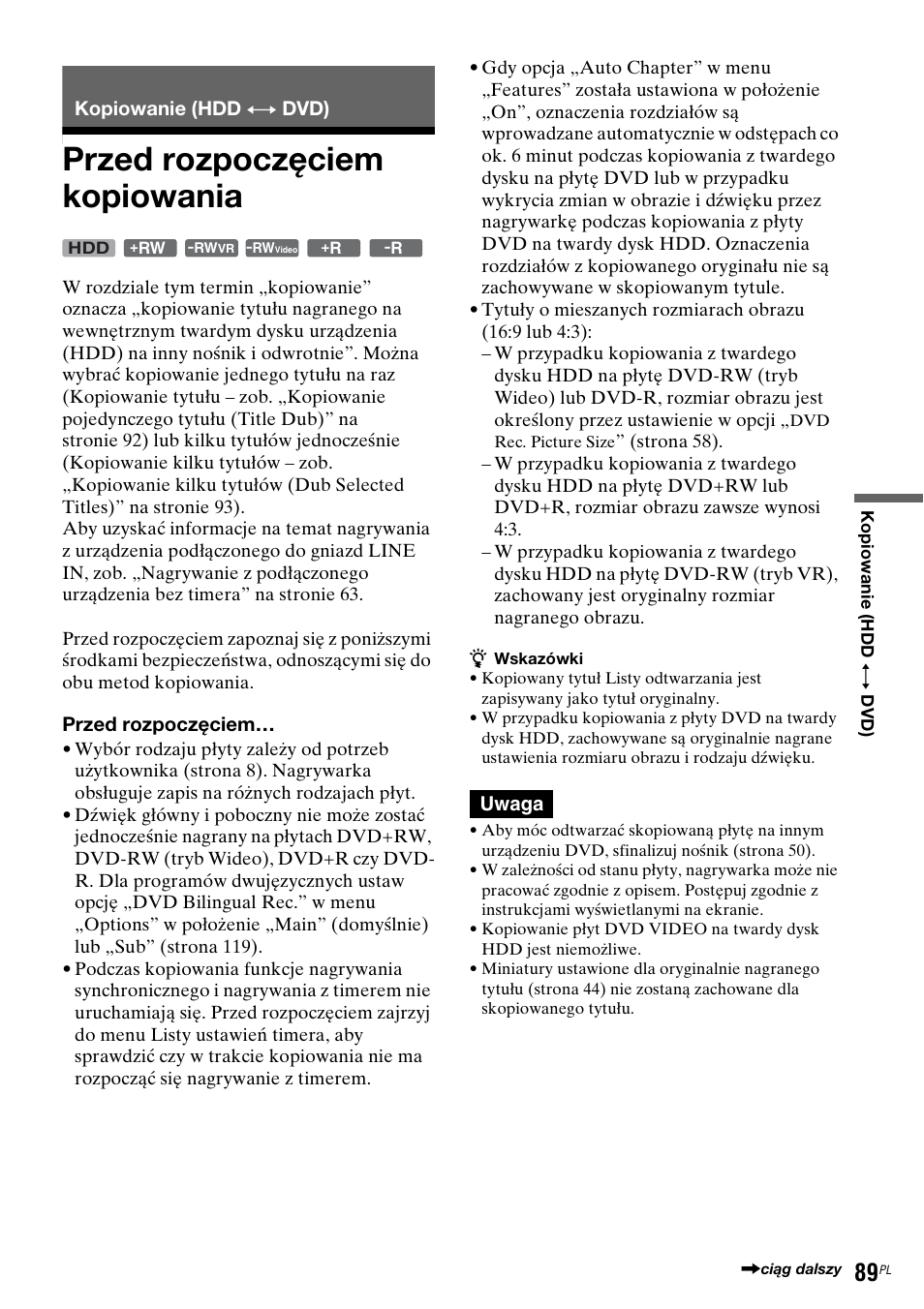 Kopiowanie (hdd y dvd), Przed rozpoczęciem kopiowania, Kopiowanie (hdd | Y dvd), Y dvd)” na stronie 89 | Sony DAR-RH7000 User Manual | Page 475 / 536
