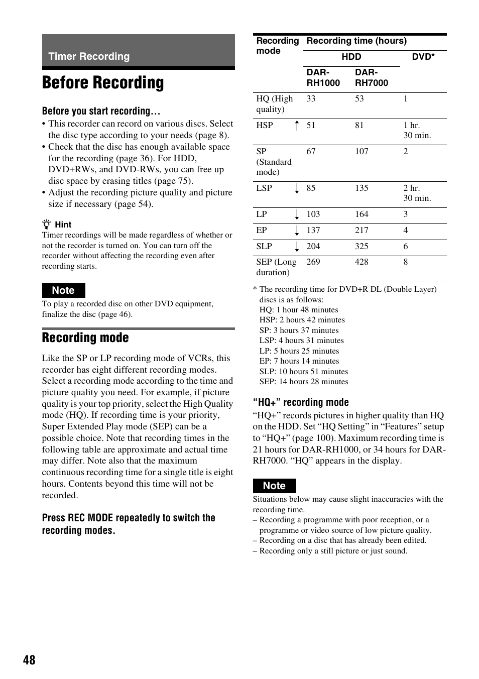 Timer recording, Before recording, Recording mode | Sony DAR-RH7000 User Manual | Page 48 / 536