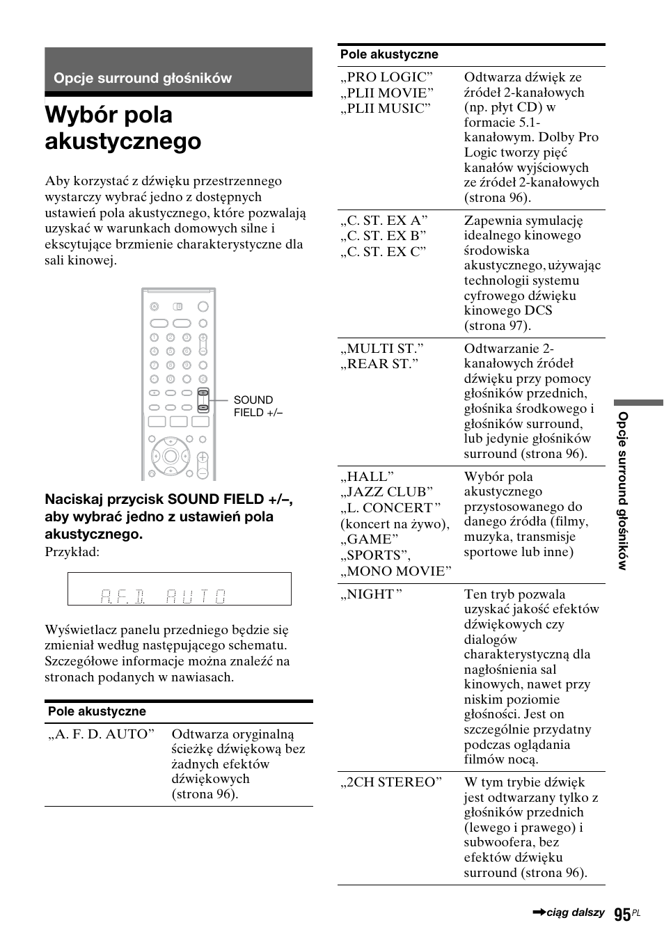 Opcje surround głośników, Wybór pola akustycznego, Wybór pola akustycznego” na stronie 95 | Sony DAR-RH7000 User Manual | Page 481 / 536