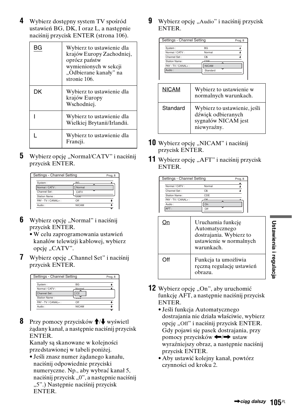 Wybierz opcję, I naciśnij przycisk enter, Wybierz opcję „nicam” i naciśnij przycisk enter | Wybierz opcję „aft” i naciśnij przycisk enter, Wybierz to ustawienie dla krajów europy wschodniej, Wybierz to ustawienie dla francji | Sony DAR-RH7000 User Manual | Page 491 / 536
