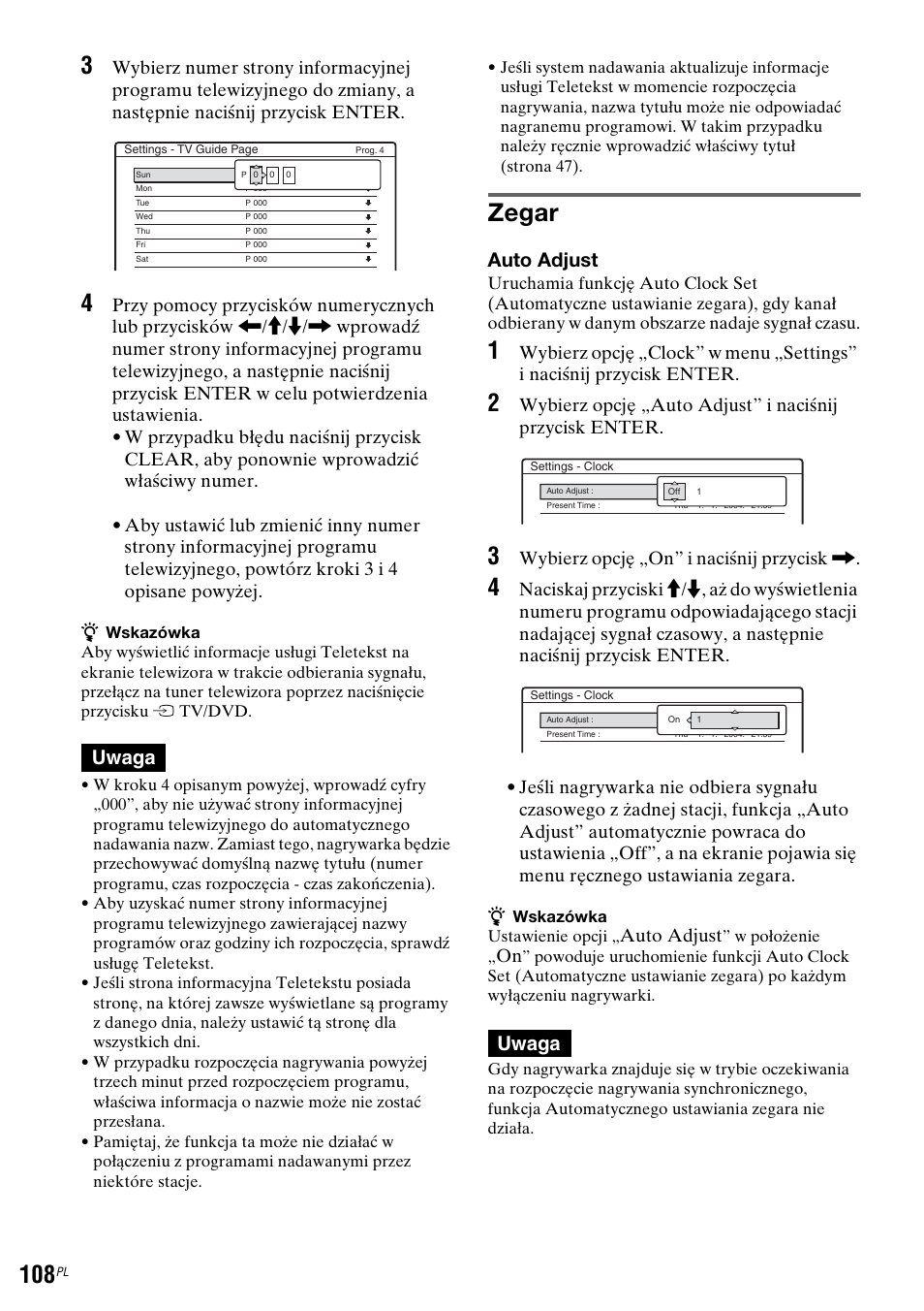 Zegar, Uwaga, Auto adjust | Wybierz opcję „on” i naciśnij przycisk | Sony DAR-RH7000 User Manual | Page 494 / 536