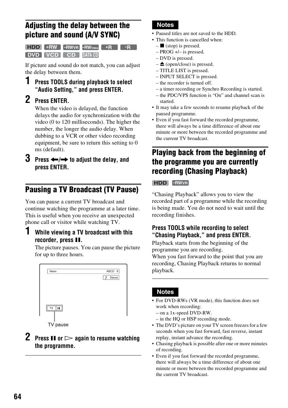 Pausing a tv broadcast (tv pause) | Sony DAR-RH7000 User Manual | Page 64 / 536