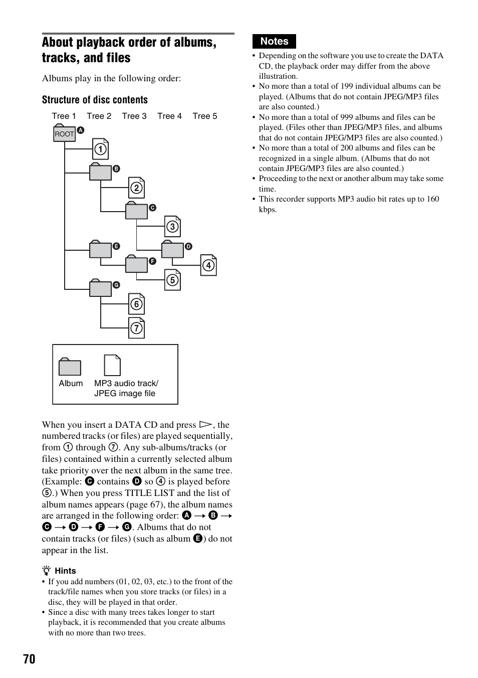 About playback order of albums, tracks, and files | Sony DAR-RH7000 User Manual | Page 70 / 536