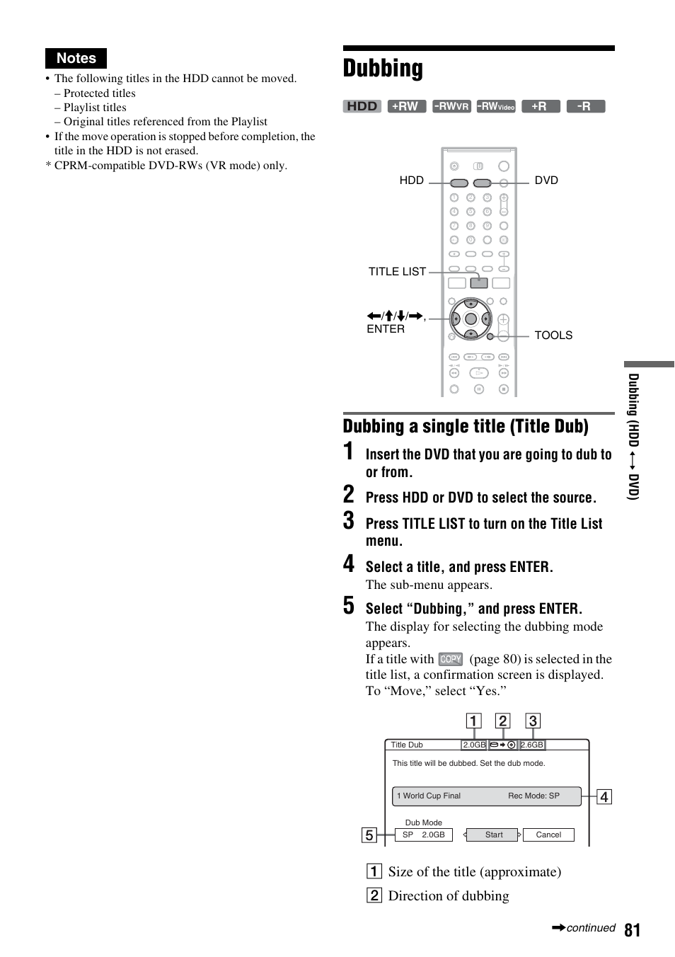 Dubbing, Dubbing a single title (title dub), Press hdd or dvd to select the source | Press title list to turn on the title list menu, Select a title, and press enter, Select “dubbing,” and press enter | Sony DAR-RH7000 User Manual | Page 81 / 536