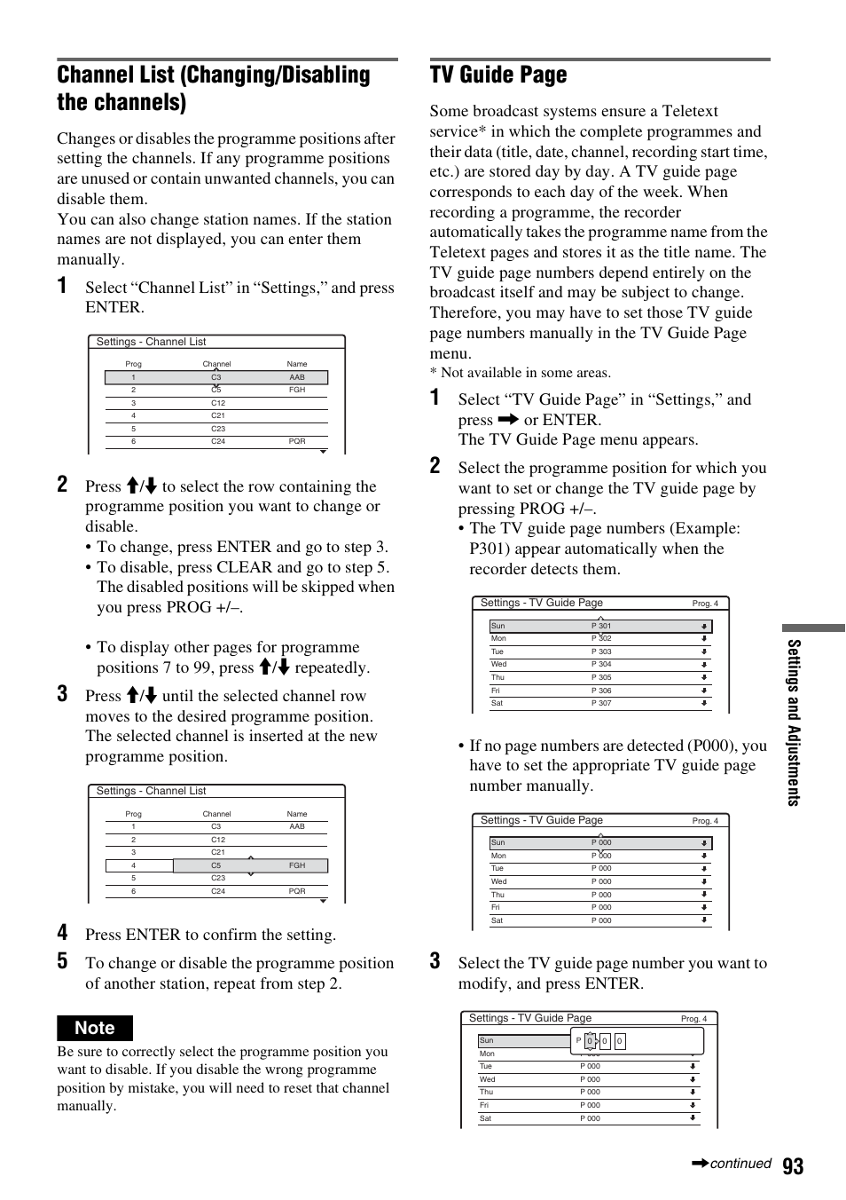 Channel list (changing/disabling the channels), Tv guide page, Press enter to confirm the setting | Set tings and ad ju st m e nt s, Not available in some areas | Sony DAR-RH7000 User Manual | Page 93 / 536