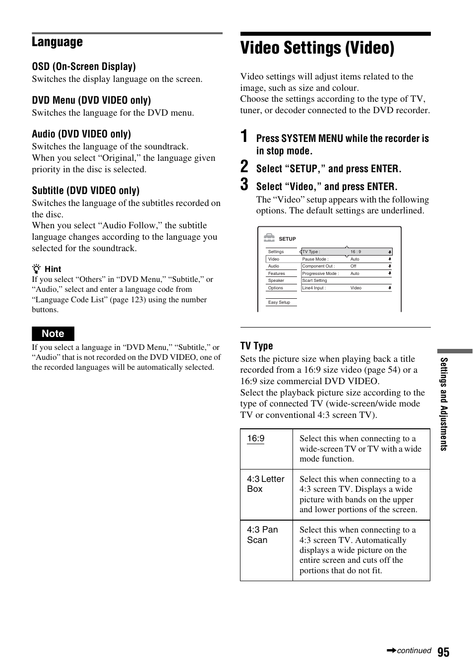Video settings (video), Language, Osd (on-screen display) | Dvd menu (dvd video only), Audio (dvd video only), Subtitle (dvd video only), Select “setup,” and press enter, Select “video,” and press enter, Tv type | Sony DAR-RH7000 User Manual | Page 95 / 536