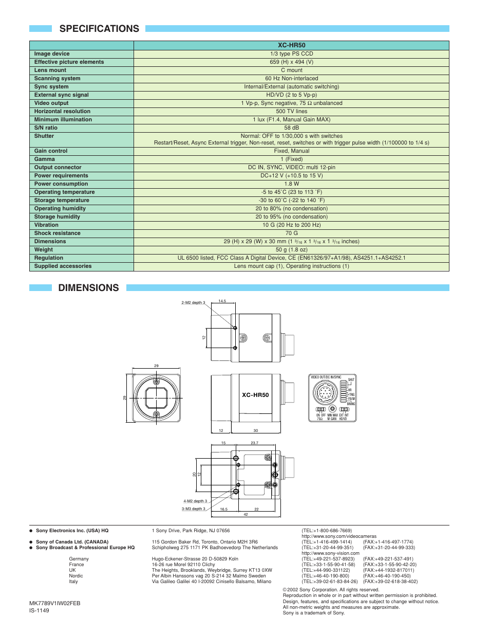Specifications dimensions | Sony XC-HR50 User Manual | Page 2 / 2