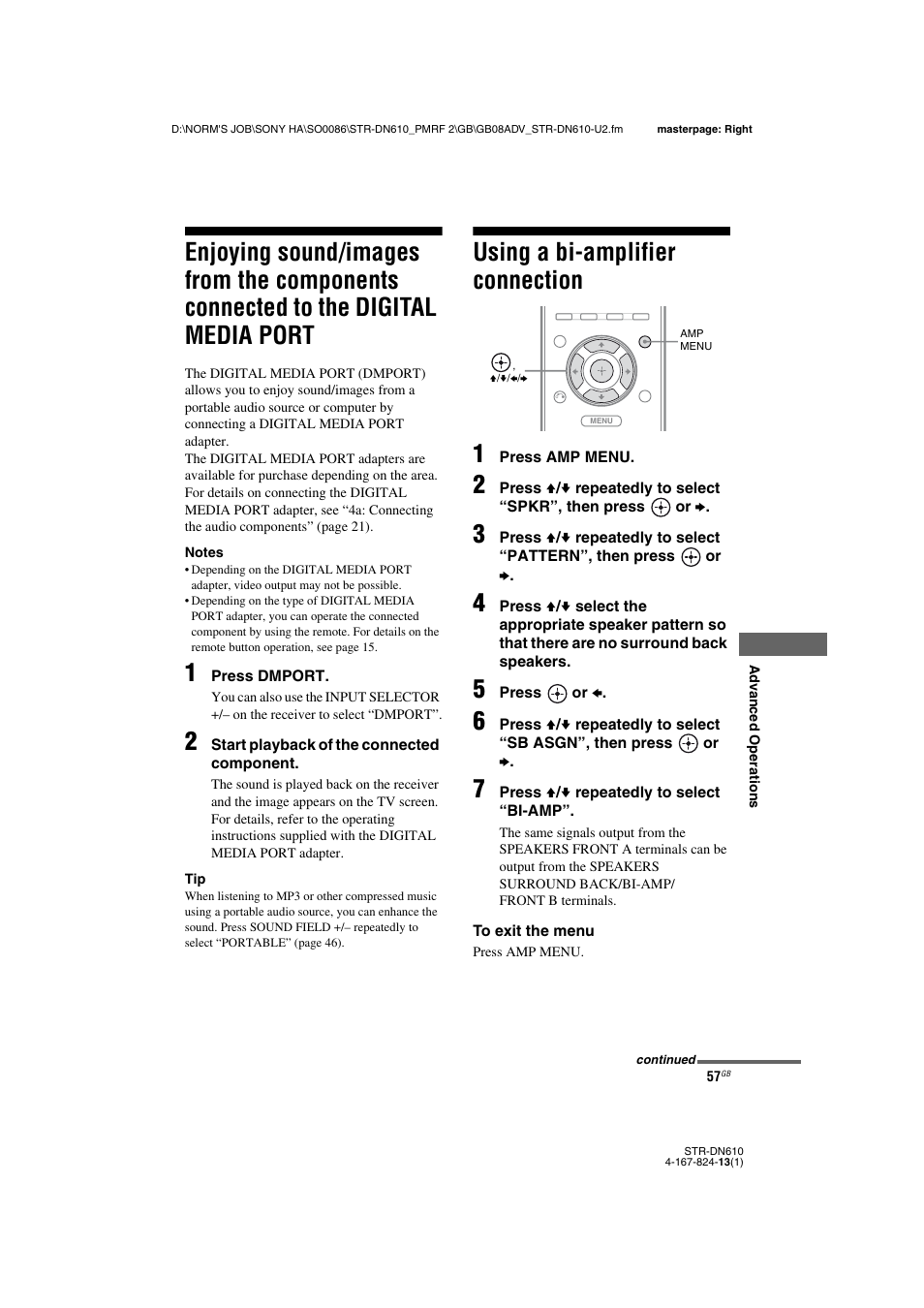 Using a bi-amplifier connection, Enjoying sound/images from the components, Connected to the digital media | Port, Using a bi-amplifier connection 1 | Sony STR-DN610 User Manual | Page 57 / 84
