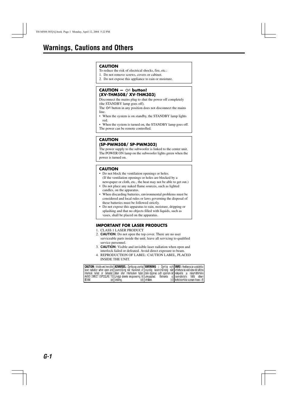 Warnings, cautions and others | Sony TH-M508 User Manual | Page 2 / 52