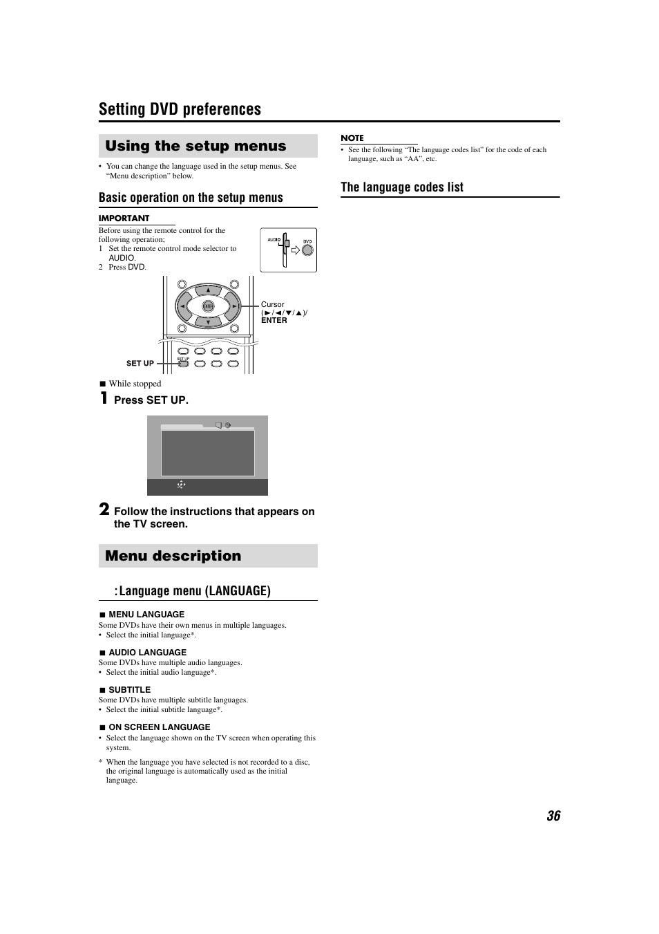 Setting dvd preferences, Using the setup menus menu description, Basic operation on the setup menus | Language menu (language), The language codes list | Sony TH-M508 User Manual | Page 39 / 52