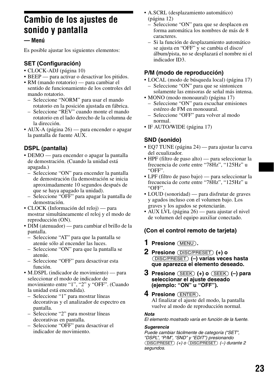 Cambio de los ajustes de sonido y pantalla, Menú, 23 cambio de los ajustes de sonido y pantalla | Sony CDX-F5700 User Manual | Page 51 / 92