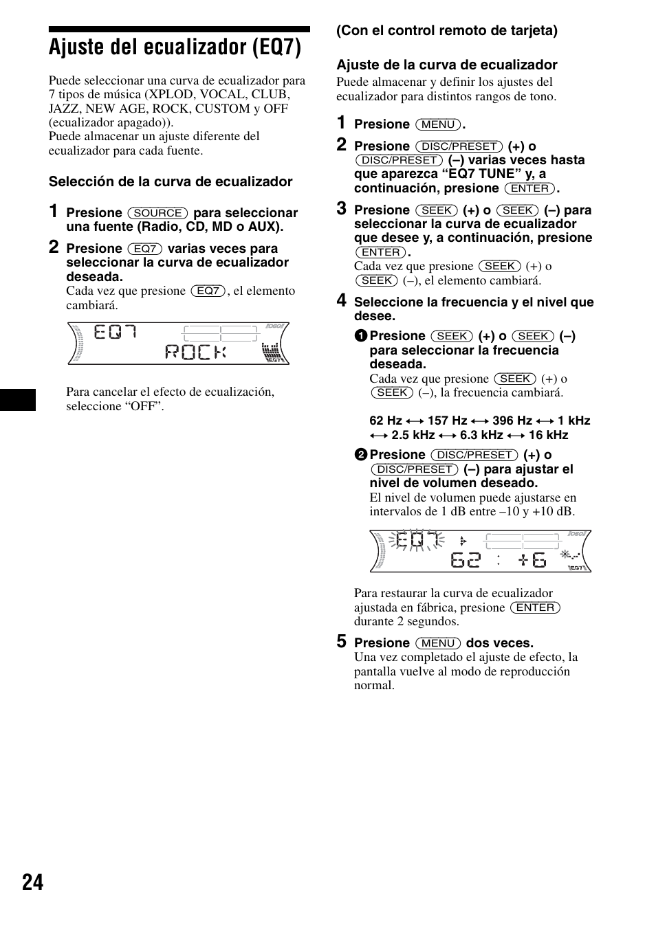Ajuste del ecualizador (eq7), 24 ajuste del ecualizador (eq7) | Sony CDX-F5700 User Manual | Page 52 / 92