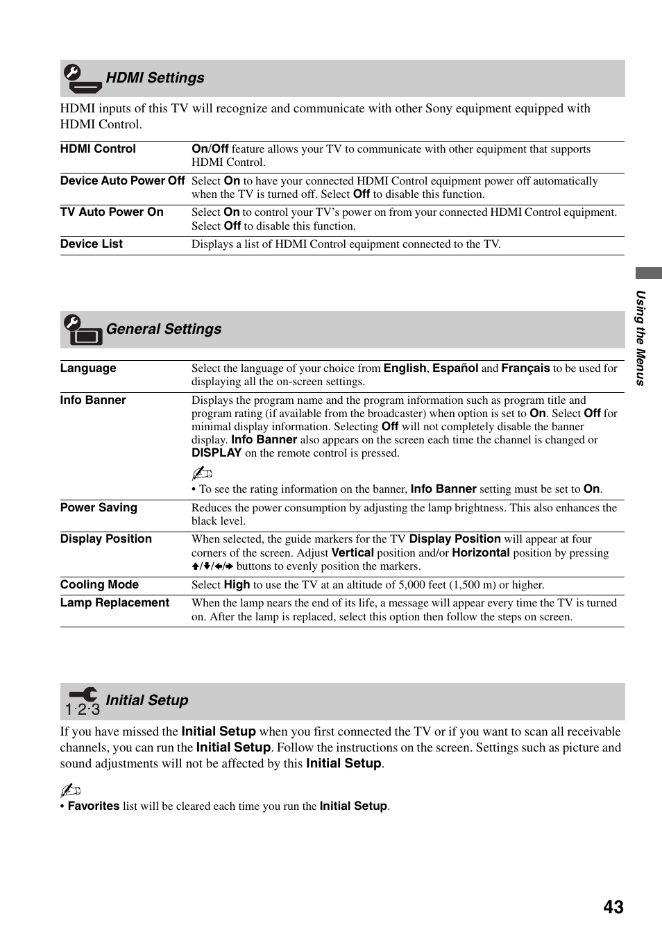 Hdmi settings, General settings, Initial setup | General settings initial setup | Sony Bravia KDS-50A3000 User Manual | Page 43 / 51