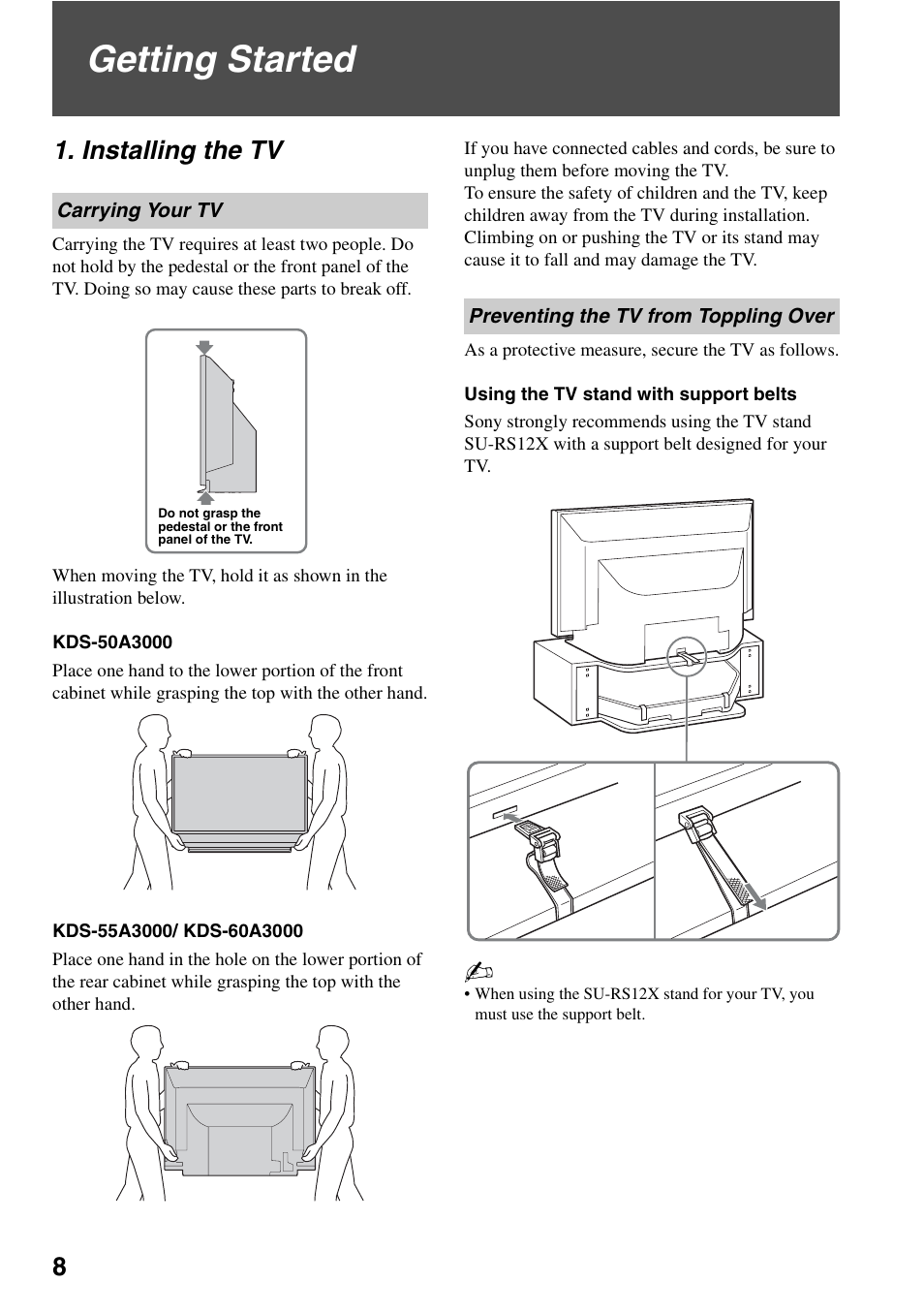 Getting started, Installing the tv, Carrying your tv | Preventing the tv from toppling over | Sony Bravia KDS-50A3000 User Manual | Page 8 / 51