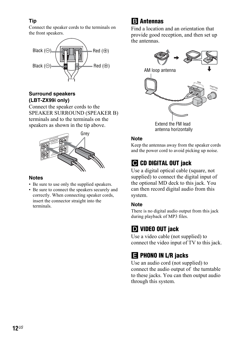 B antennas, C cd digital out jack, D video out jack | E phono in l/r jacks, Surround speakers (lbt-zx99i only), Black (#), Black (#) red (3) red (3), Grey | Sony Muteki LBT-ZX99I User Manual | Page 12 / 44