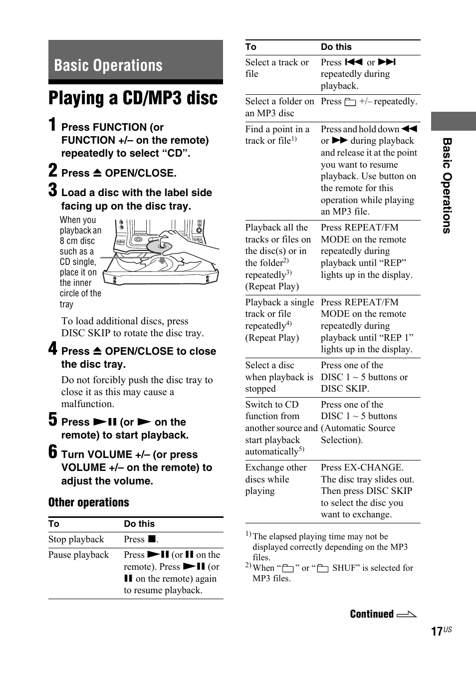 Basic operations, Playing a cd/mp3 disc, Playing a cd/mp3 disc 1 | Sony Muteki LBT-ZX99I User Manual | Page 17 / 44