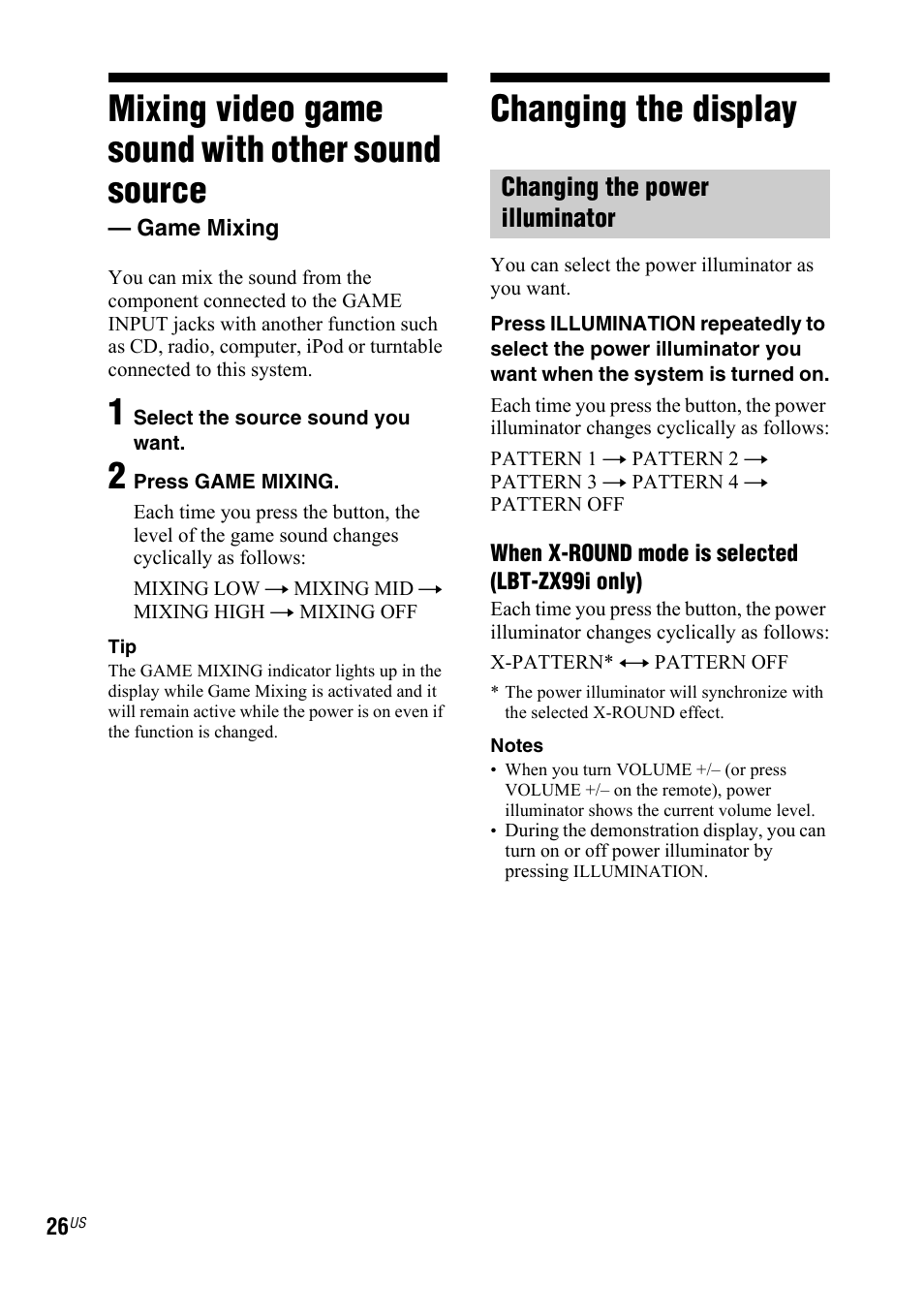 Mixing video game sound with other sound source, Game mixing, Changing the display | Mixing video game sound with, Other sound source — game mixing, Changing the power illuminator | Sony Muteki LBT-ZX99I User Manual | Page 26 / 44