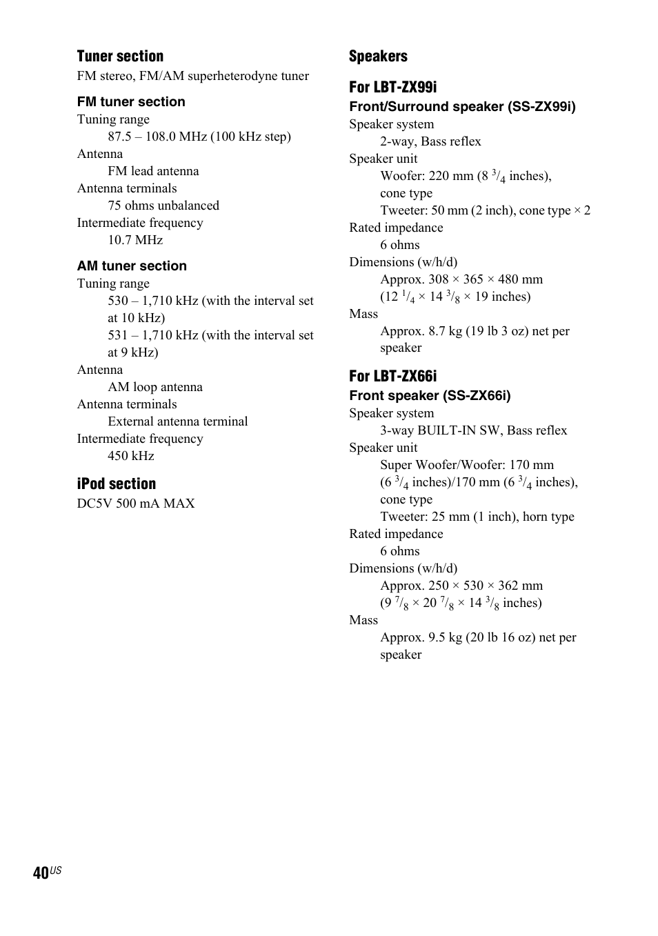Speakers for lbt-zx99i, For lbt-zx66i | Sony Muteki LBT-ZX99I User Manual | Page 40 / 44