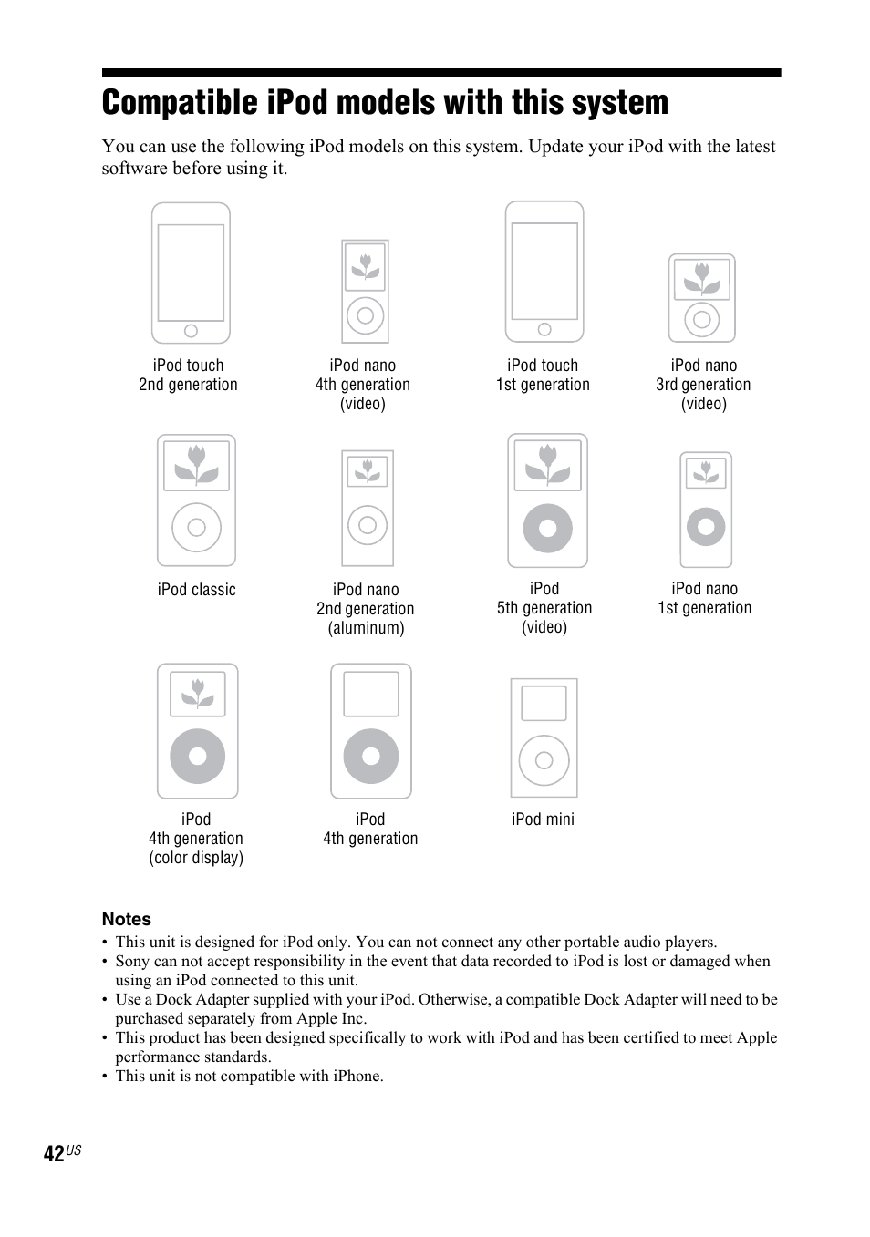 Compatible ipod models with this system, Compatible ipod models with, This system | Sony Muteki LBT-ZX99I User Manual | Page 42 / 44