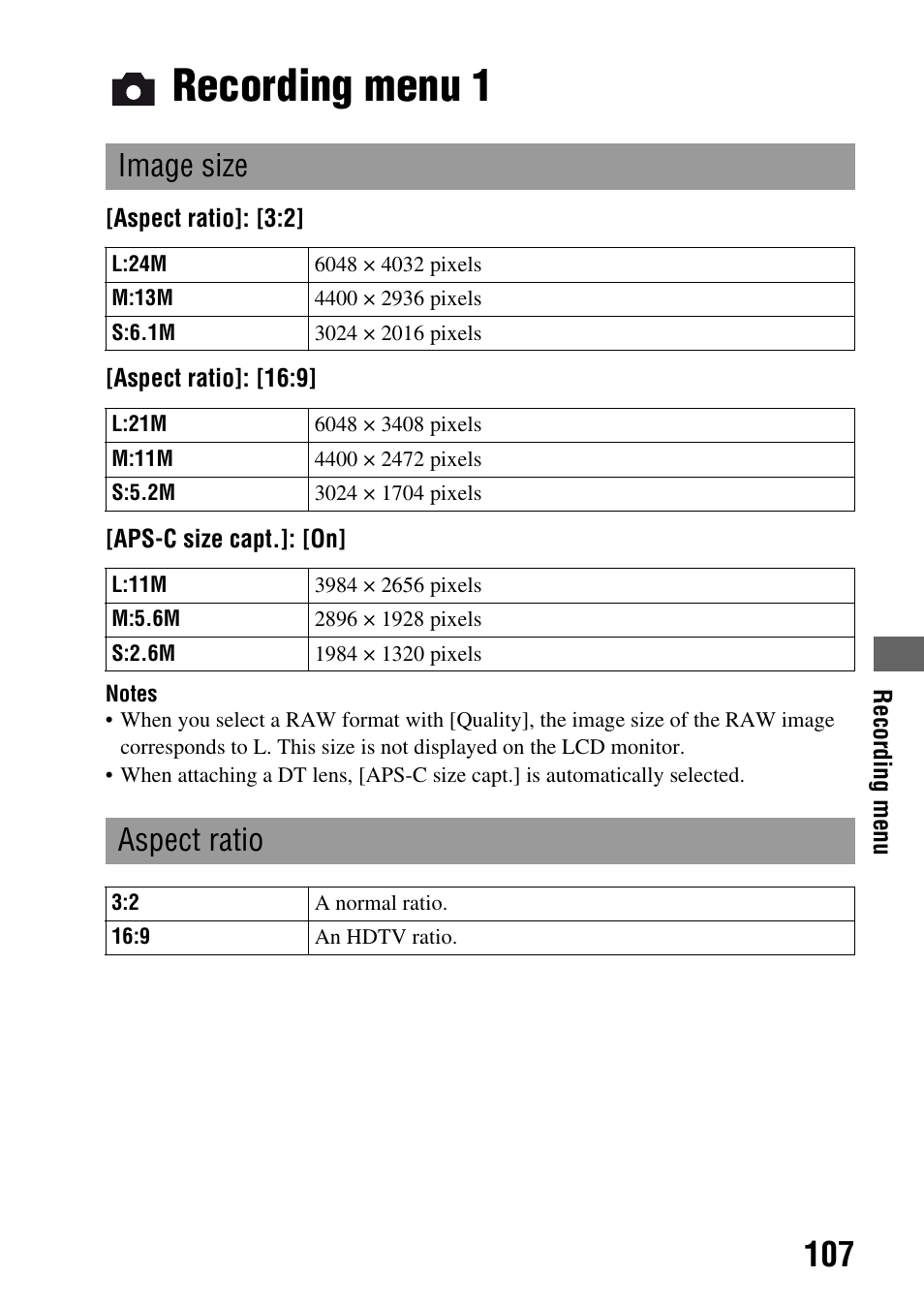 Recording menu 1, E size (107)/a, Ze (107) | S 107 to 11, Recording menu, Image size, Aspect ratio | Sony A900 User Manual | Page 107 / 174