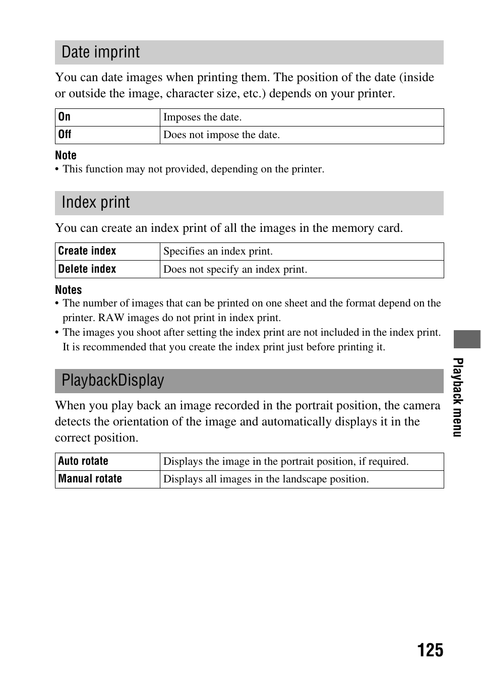 Date imprint, Index print, Playbackdisplay | Sony A900 User Manual | Page 125 / 174