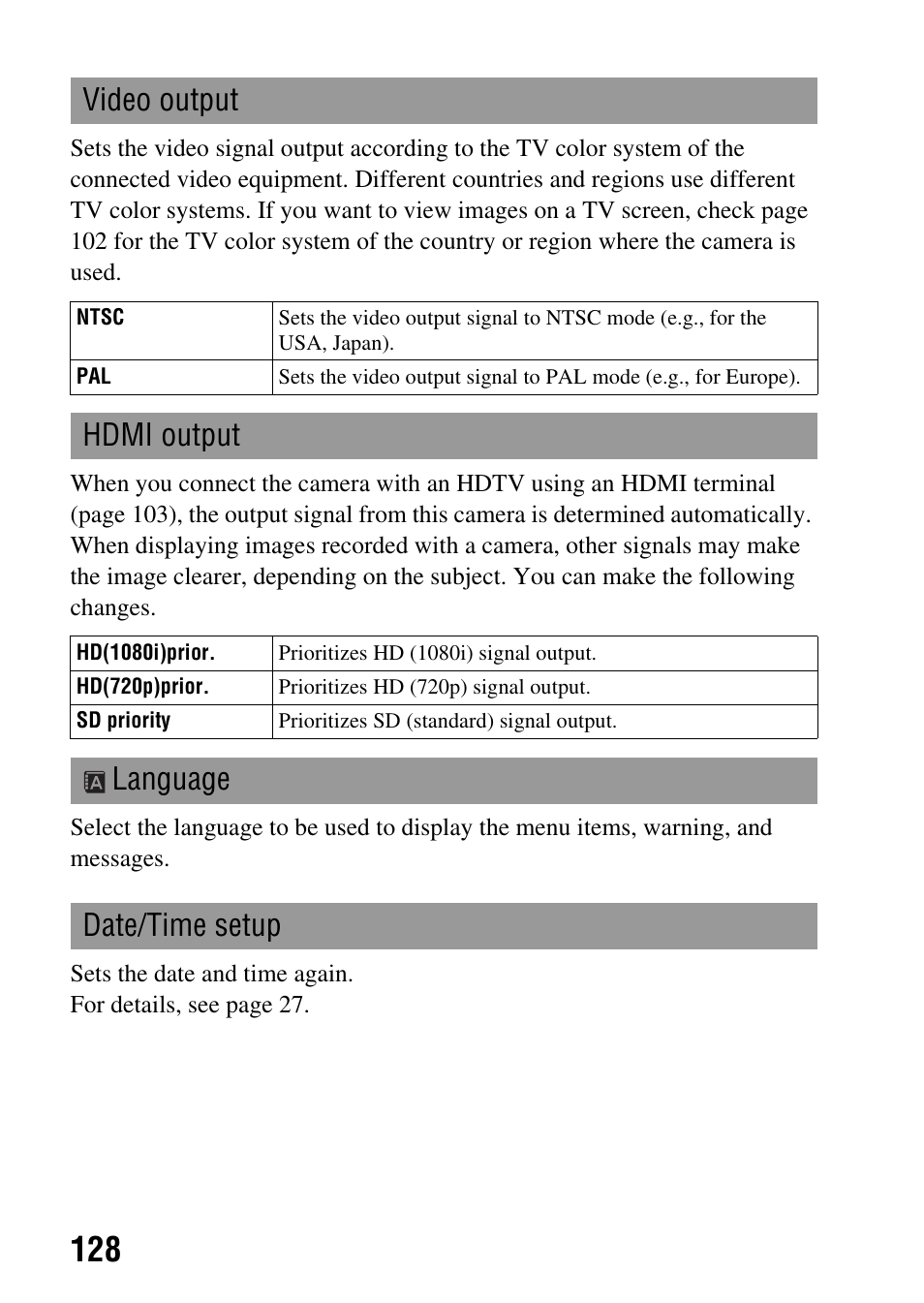 Video output, Hdmi output, Language date/time setup | Sony A900 User Manual | Page 128 / 174