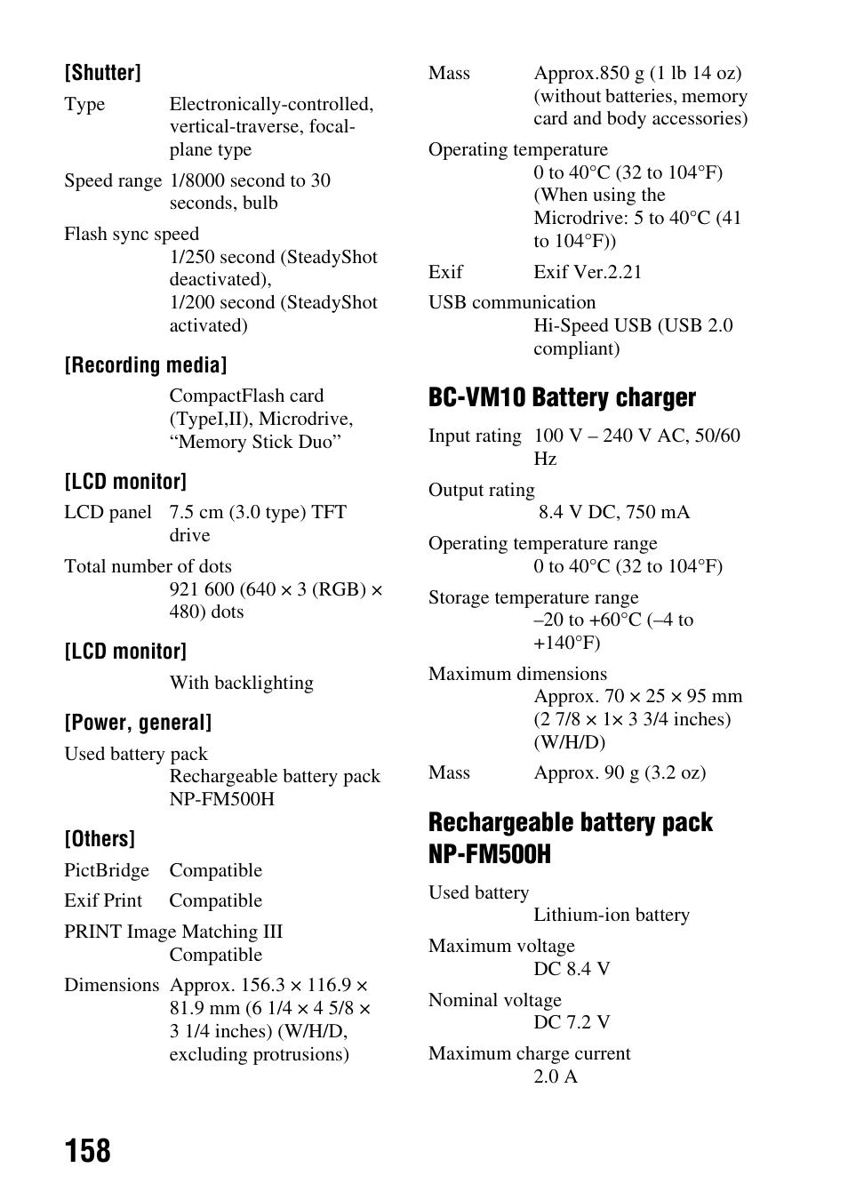 Bc-vm10 battery charger, Rechargeable battery pack np-fm500h | Sony A900 User Manual | Page 158 / 174