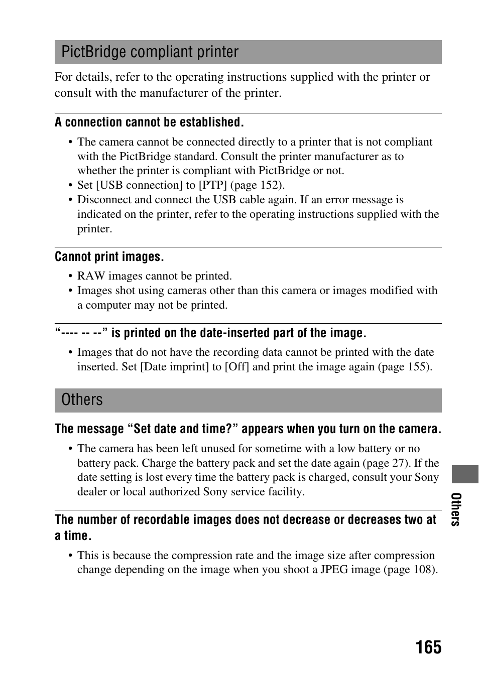 Pictbridge compliant printer others | Sony A900 User Manual | Page 165 / 174