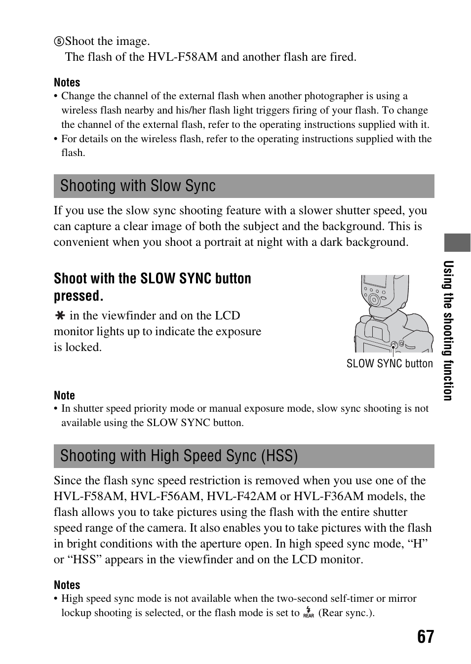 Shooting with slow sync, Shooting with high speed sync (hss), N (67) | Ync (67), Shoot with the slow sync button pressed | Sony A900 User Manual | Page 67 / 174