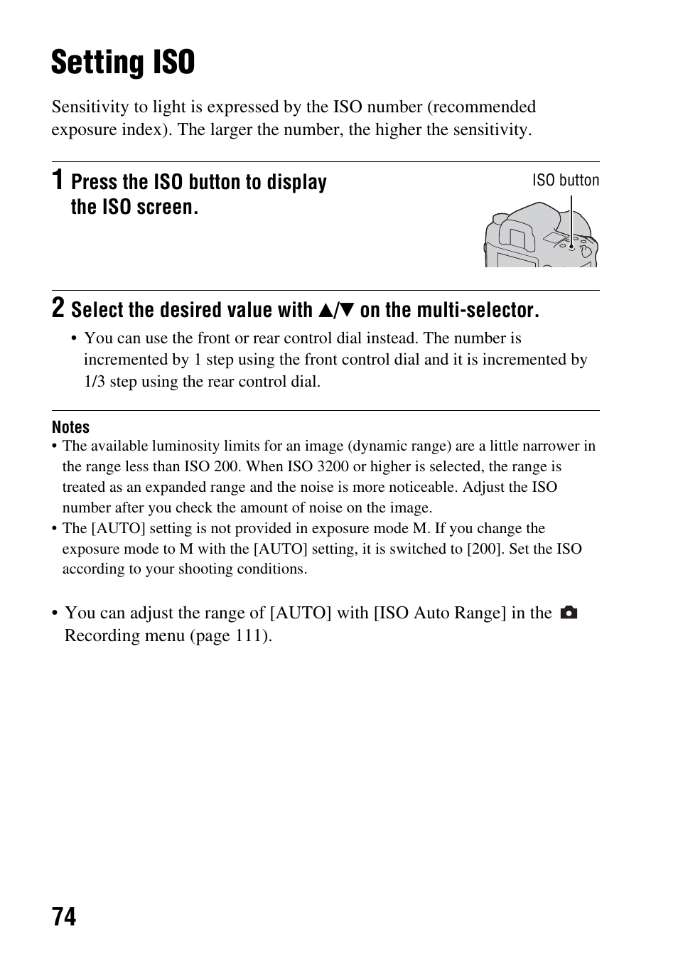 Setting iso, N (74) | Sony A900 User Manual | Page 74 / 174