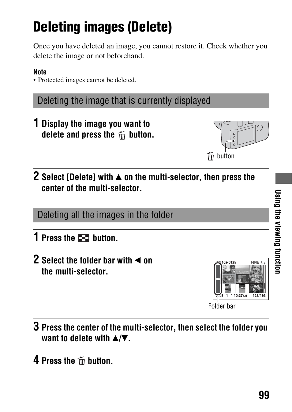 Deleting images (delete), Button (99) | Sony A900 User Manual | Page 99 / 174