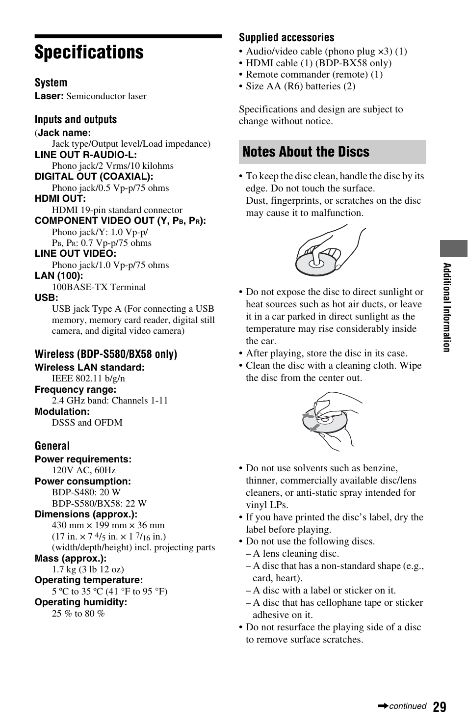 Specifications | Sony BDP-S580 User Manual | Page 29 / 35
