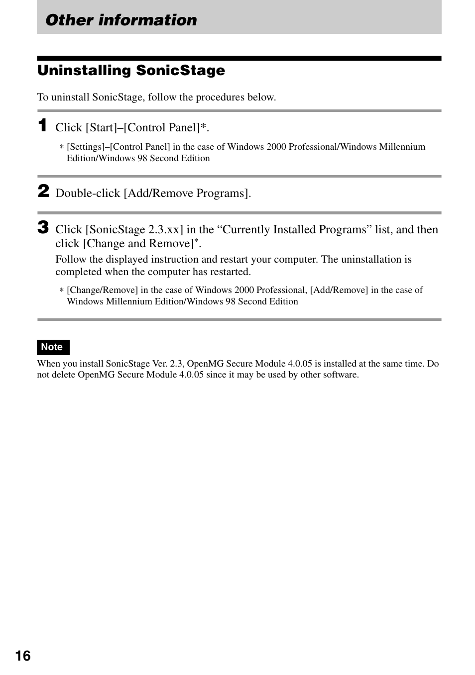 Other information, Uninstalling sonicstage | Sony Micro HI-FI Component System User Manual | Page 16 / 20