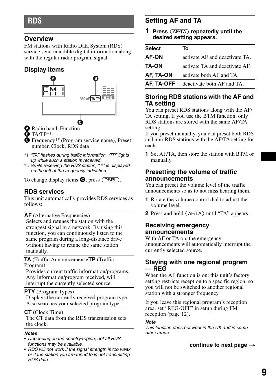 Overview, Setting af and ta, Overview setting af and ta | Sony CDX-A360 User Manual | Page 9 / 96