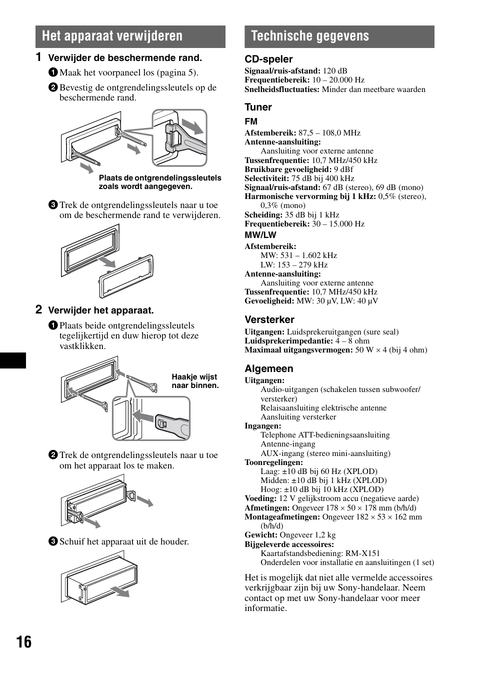 Het apparaat verwijderen, Technische gegevens, Het apparaat verwijderen technische gegevens | Sony CDX-A360 User Manual | Page 90 / 96