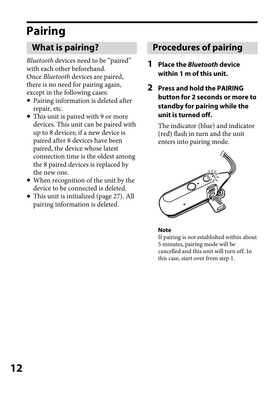 Pairing, What is pairing, Procedures of pairing | Procedures of pairing 1 | Sony DR-BT100CX User Manual | Page 12 / 32