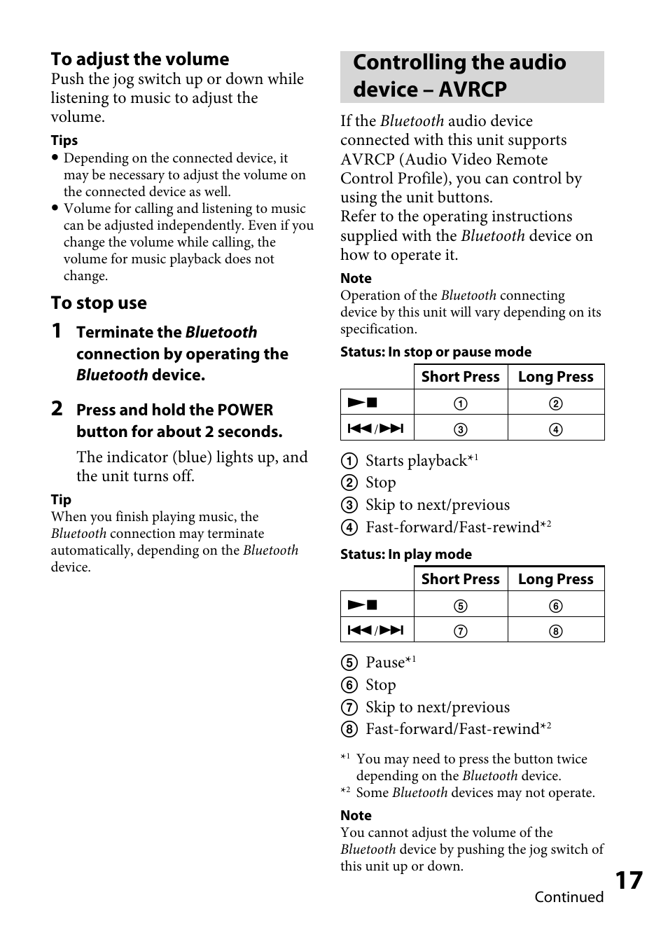 Controlling the audio device – avrcp, Controlling the audio device, Avrcp | Sony DR-BT100CX User Manual | Page 17 / 32