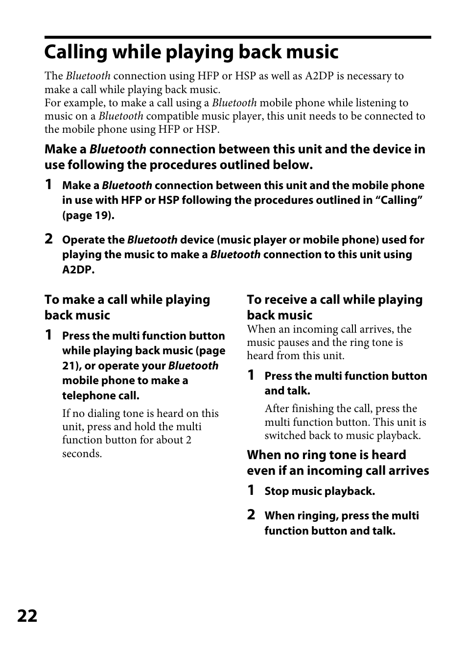 Calling while playing back music, Calling while playing back, Music | Sony DR-BT100CX User Manual | Page 22 / 32
