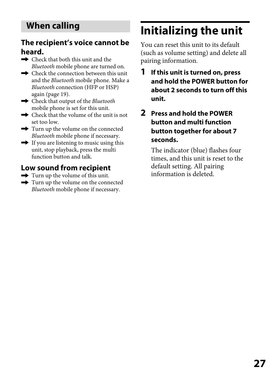 When calling, Initializing the unit, Initializing the unit ...................7 | Sony DR-BT100CX User Manual | Page 27 / 32