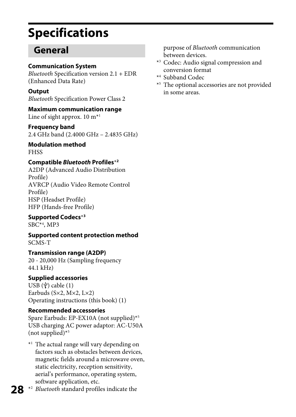 Specifications, General, Specifications ............................8 | Sony DR-BT100CX User Manual | Page 28 / 32