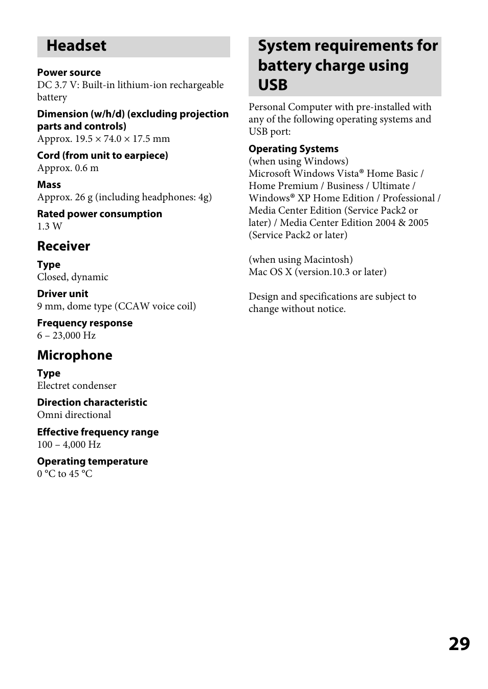 Headset, System requirements for battery charge using usb, System requirements for battery | Charge using usb, Receiver, Microphone | Sony DR-BT100CX User Manual | Page 29 / 32