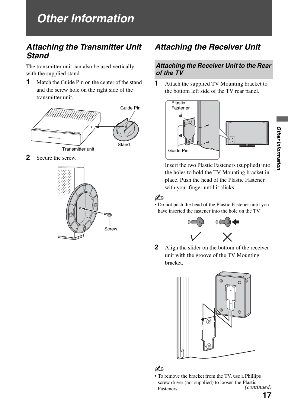 Other information, Attaching the transmitter unit stand, Attaching the receiver unit | Attaching the receiver unit to the rear of the tv | Sony DMX-WL1 User Manual | Page 17 / 24