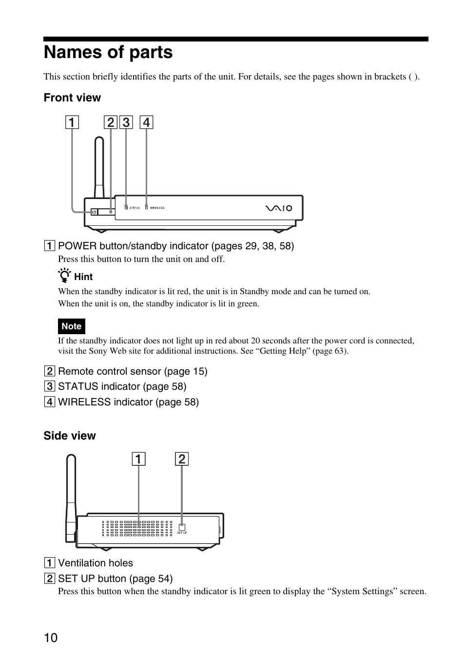 Names of parts | Sony VGP-MR200U/E User Manual | Page 10 / 69