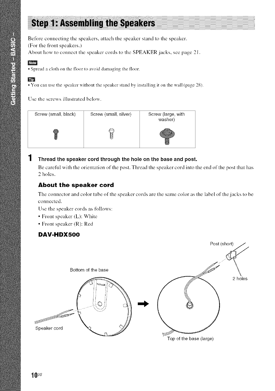 Step 1: assembling the speakers, About the speaker cord, Dav-hdx500 | Sony DA V-HDX5OO User Manual | Page 10 / 120