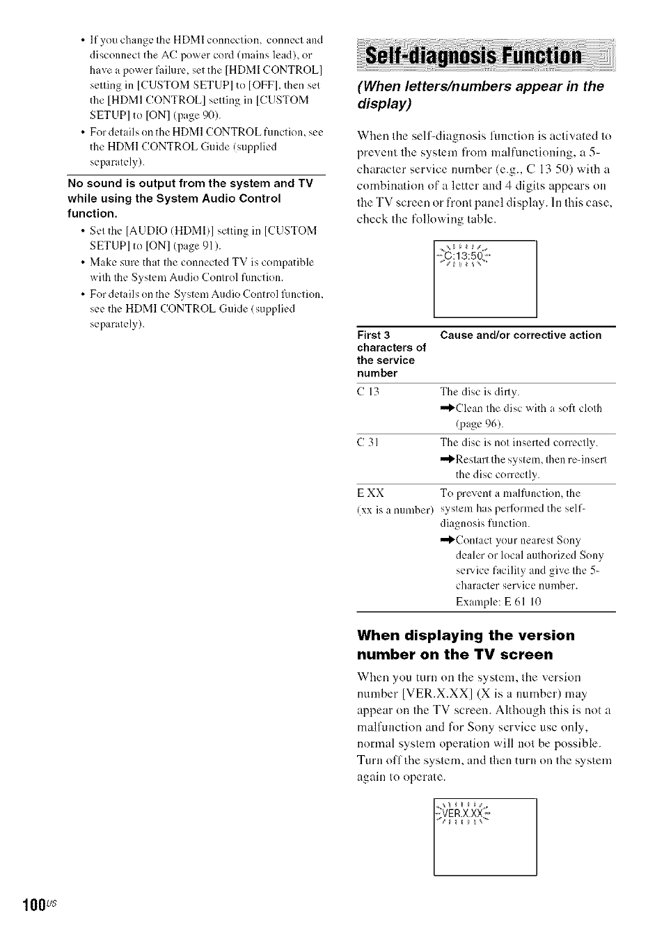 Self-diagnosis function | Sony DA V-HDX5OO User Manual | Page 100 / 120
