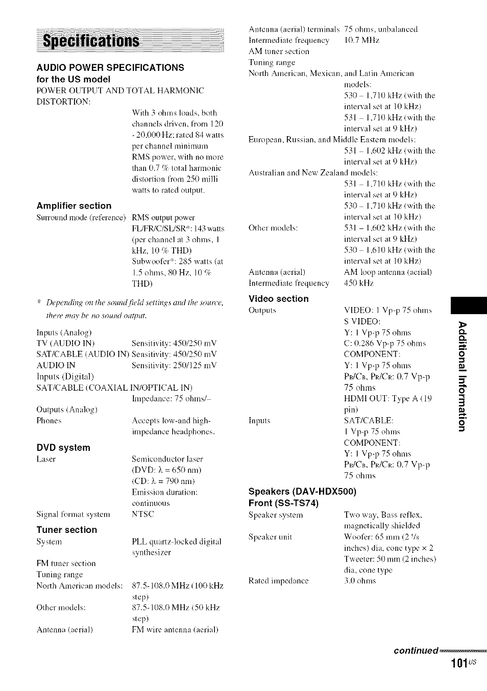 Specifications, 101«s | Sony DA V-HDX5OO User Manual | Page 101 / 120