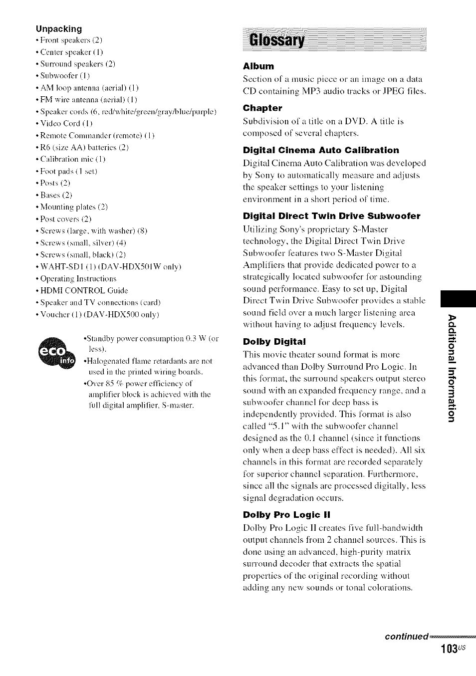 Glossary, Album, Chapter | Digital cinema auto calibration, Digital direct twin drive subwoofer, Dolby digital, Dolby pro logic ii | Sony DA V-HDX5OO User Manual | Page 103 / 120