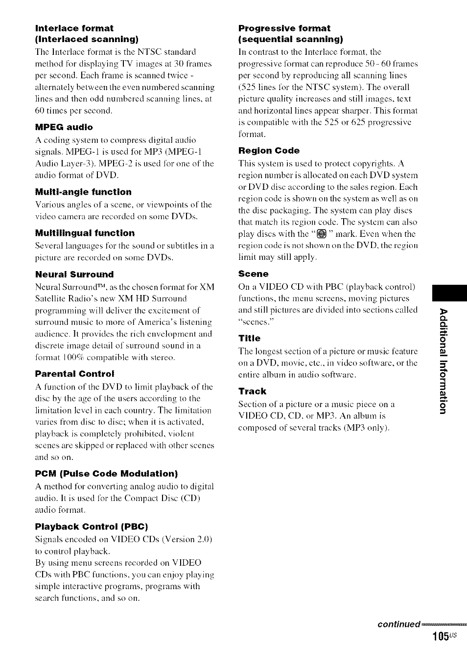 Interlace format (interlaced scanning), Mpeg audio, Multi-angle function | Multilingual function, Neural surround, Parental control, Pcm (pulse code modulation), Playback control (pbc), Progressive format (sequential scanning), Region code | Sony DA V-HDX5OO User Manual | Page 105 / 120