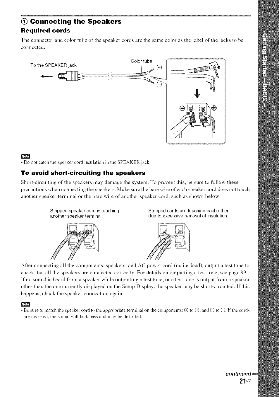 0 connecting the speakers, Required cords, To avoid short-circuiting the speakers | Sony DA V-HDX5OO User Manual | Page 21 / 120