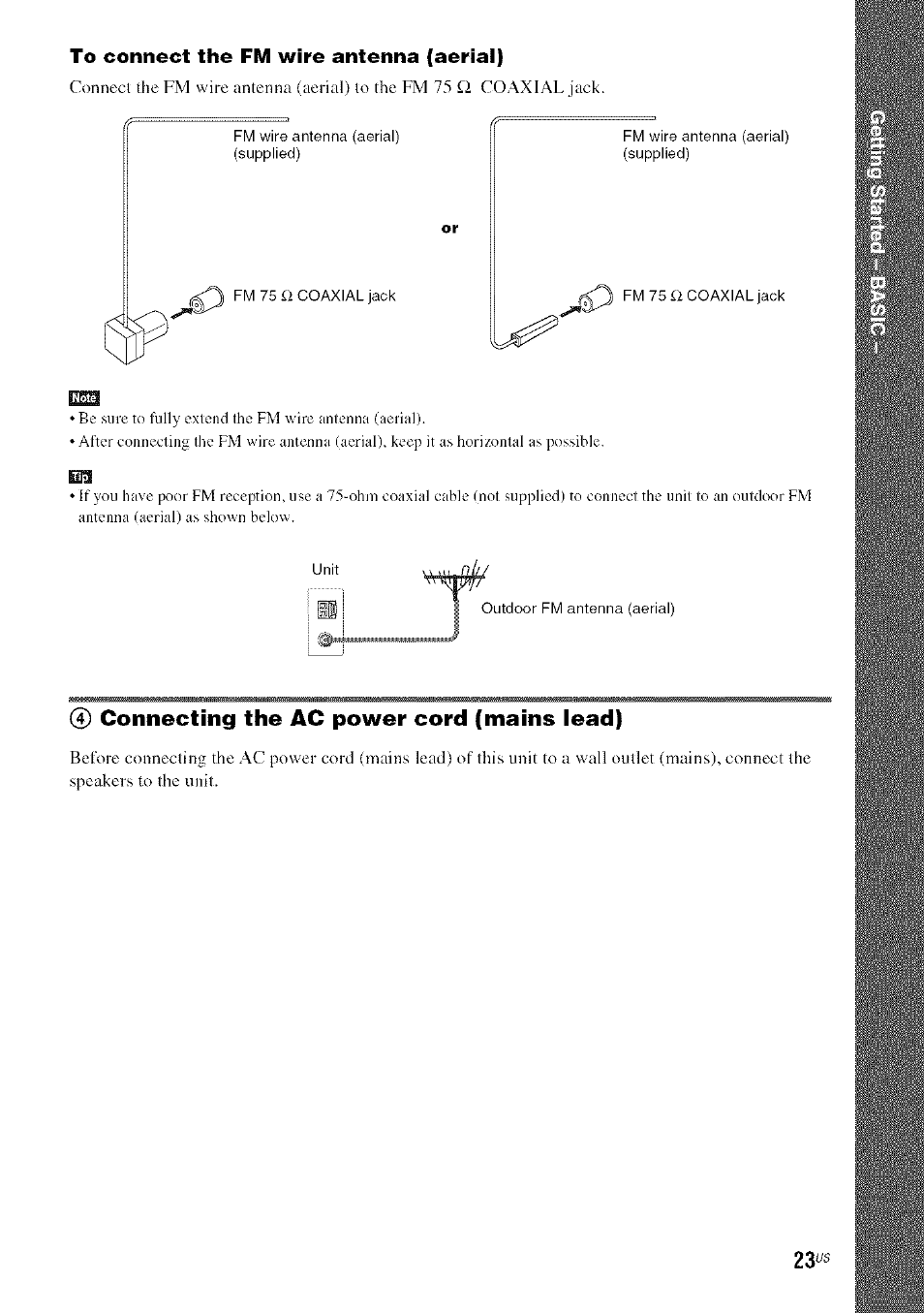 To connect the fm wire antenna (aerial), 0 connecting the ac power cord (mains lead) | Sony DA V-HDX5OO User Manual | Page 23 / 120